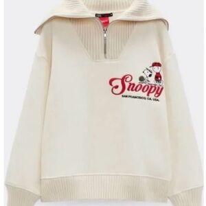 Zara Sweaters | Oversized Cream Peanuts Snoopy Zip Up Collared Knit Sweater